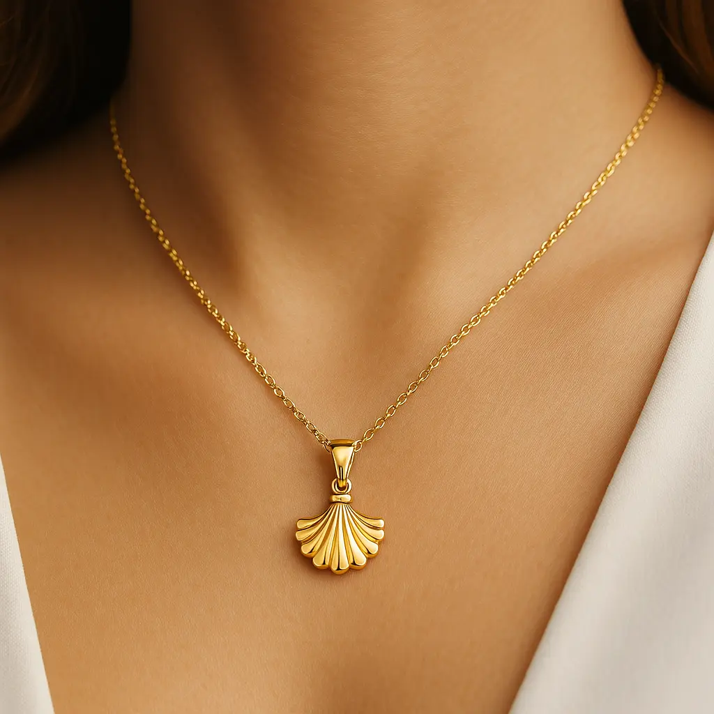 gold leaf pendent women necklace on neck