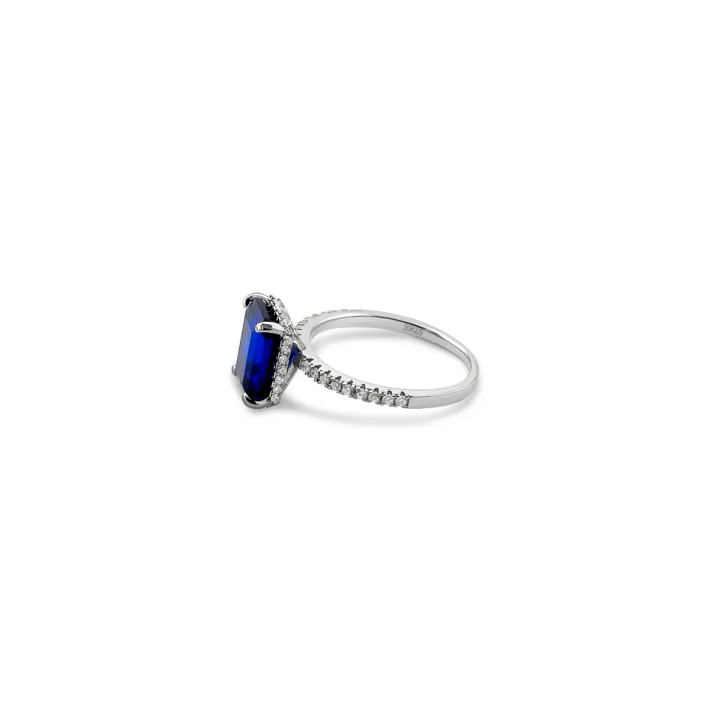 Sapphire Blue Square-Cut Ring with Diamond Accents