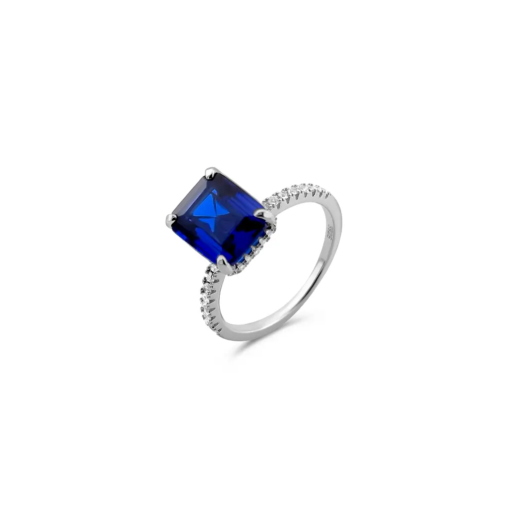 Sapphire Blue Square-Cut Ring with Diamond Accents