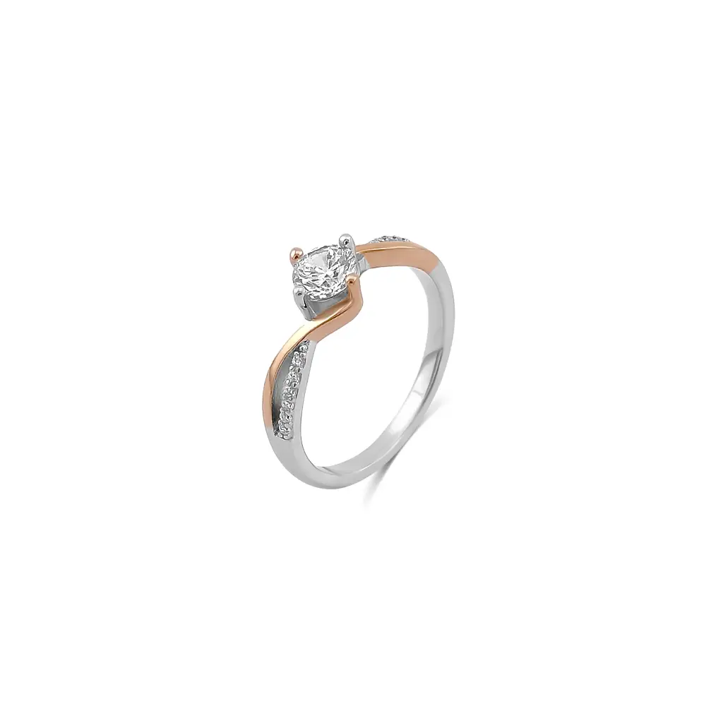 Stunning Two-Tone Diamond Ring with Side Stones and Twist Design
