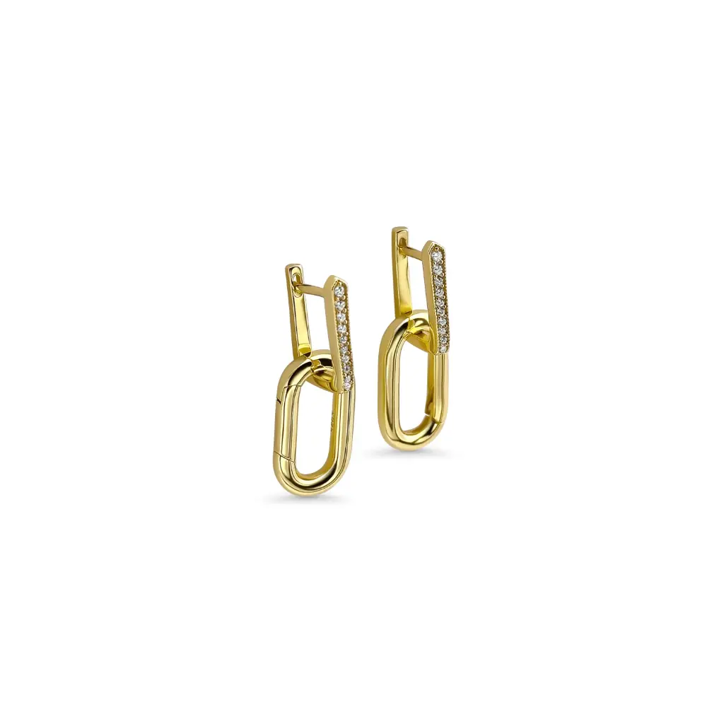 Silver Oblong Hoop Earrings with Pave CZ in Gold Finish