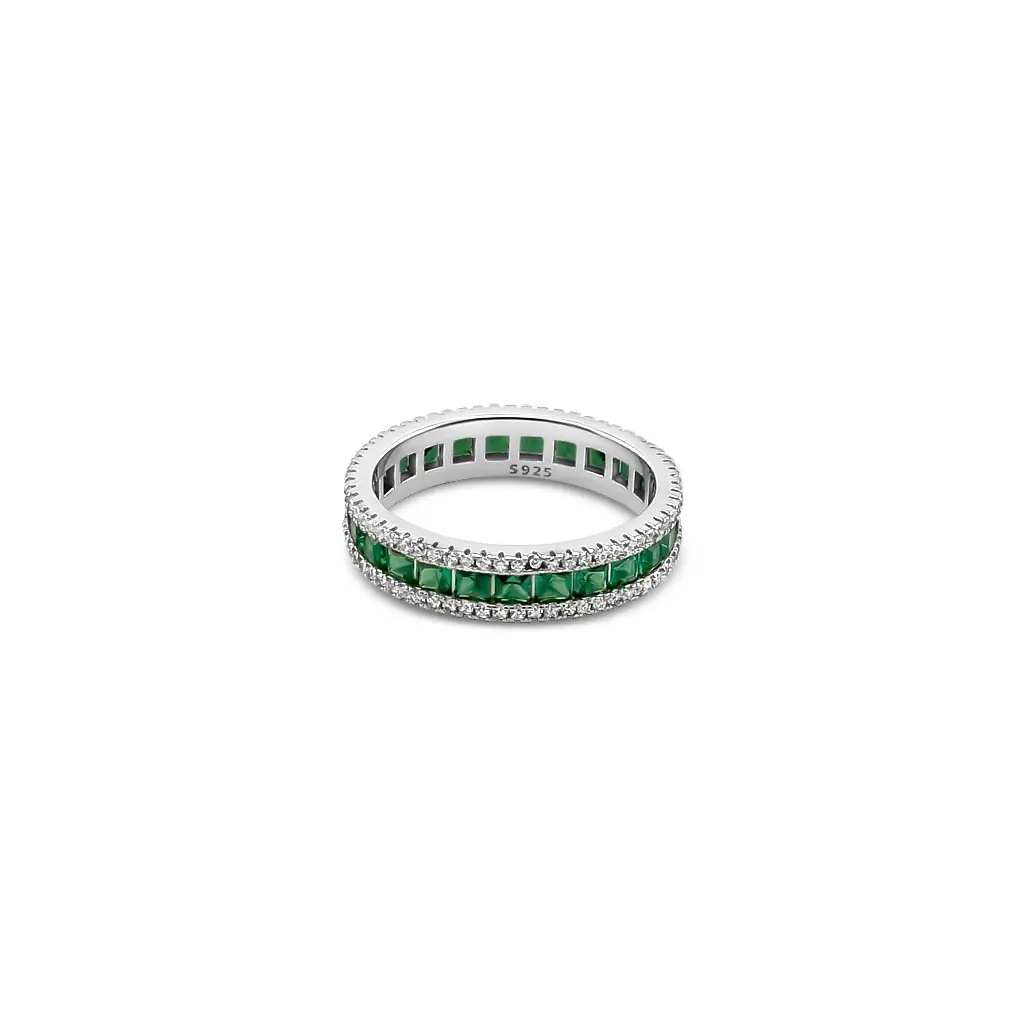 Channel Set Emerald CZ Eternity Ring Rhodium Plated