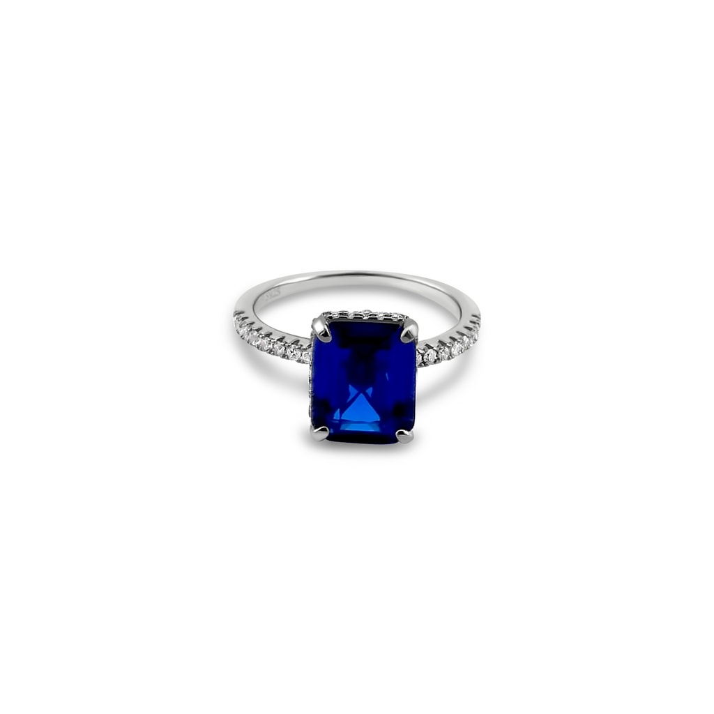 Sapphire Blue Square-Cut Ring with Diamond Accents