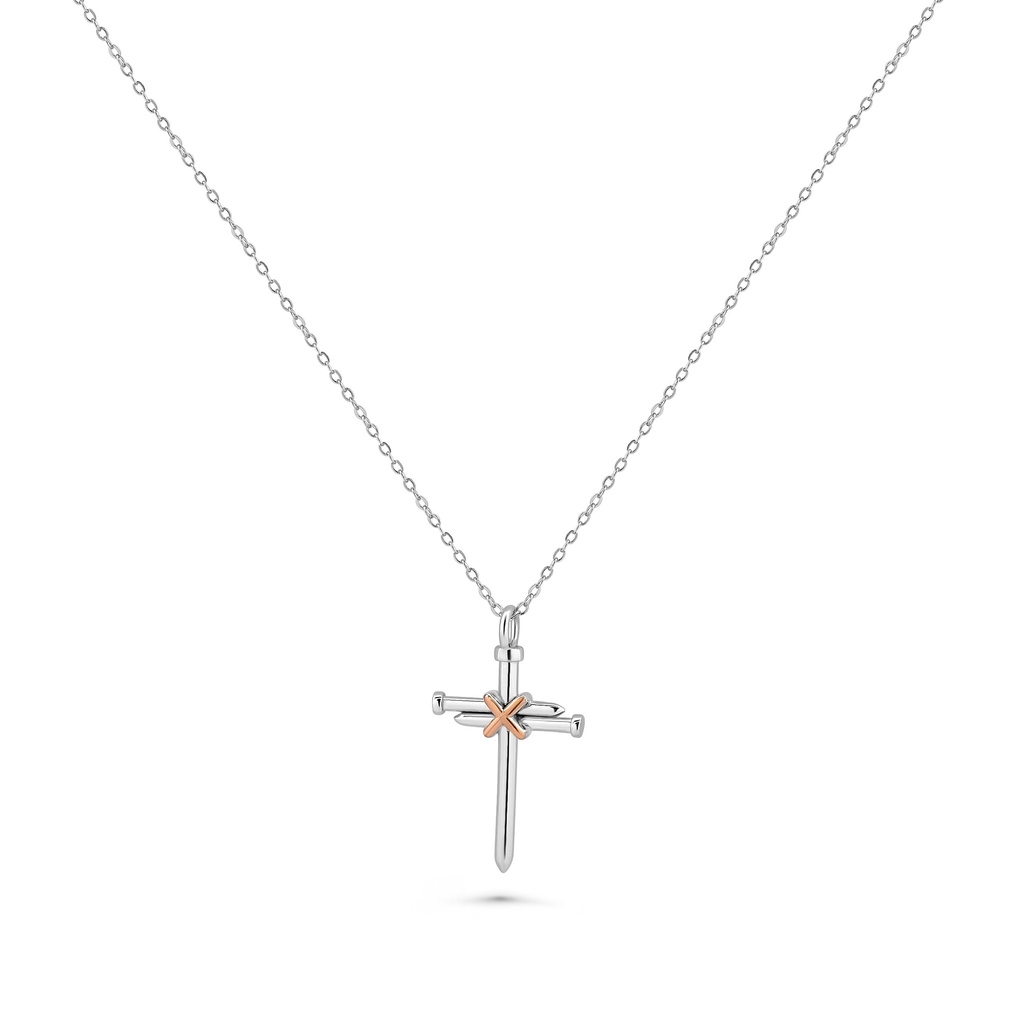 Simple Silver Cross Pendant Necklace with Rose Gold Accent