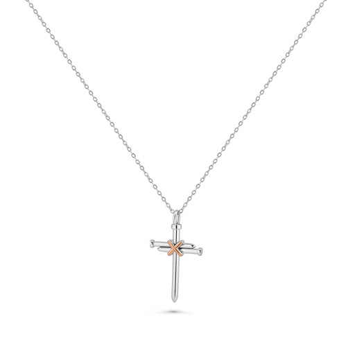 Simple Silver Cross Pendant Necklace with Rose Gold Accent